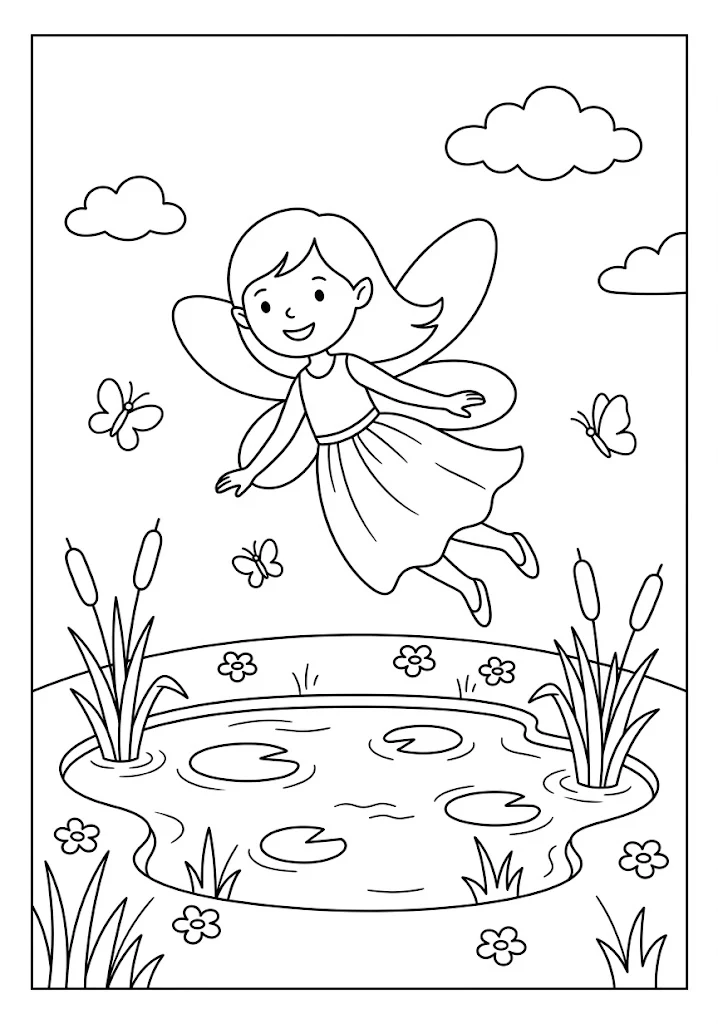 A cute fairy soaring through the air over a pond with lily pads, cattails, and floating butterflies Fairy Coloring Pages