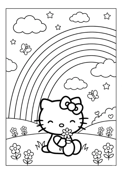 Hello Kitty style cute cat sitting in a flower field holding a flower with a big rainbow and stars above coloring page