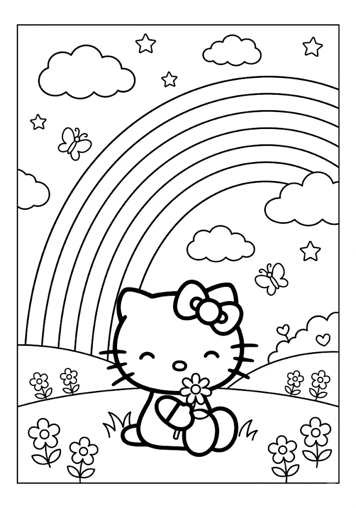 Hello Kitty style cute cat sitting in a flower field holding a flower with a big rainbow and stars above coloring page