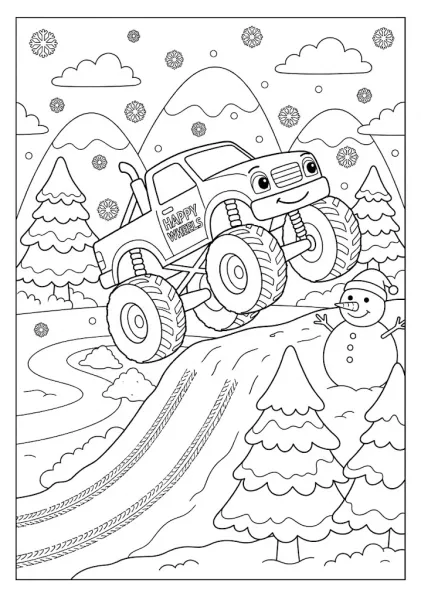 Monster truck driving on a snowy hill next to a snowman and pine trees Monster Truck Coloring Pages