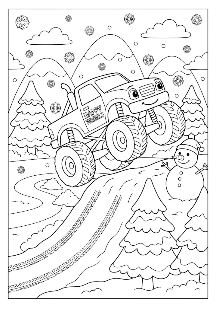 Monster truck driving on a snowy hill next to a snowman and pine trees Monster Truck Coloring Pages