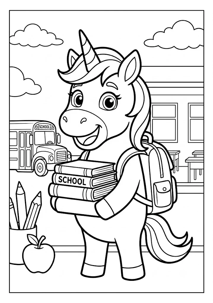 Cute unicorn carrying a stack of books and a backpack near a school bus
