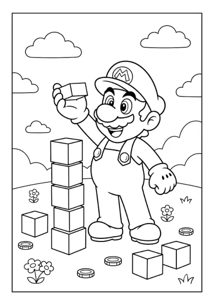 Mario stacking square blocks on top of each other in a field Mario Coloring Pages