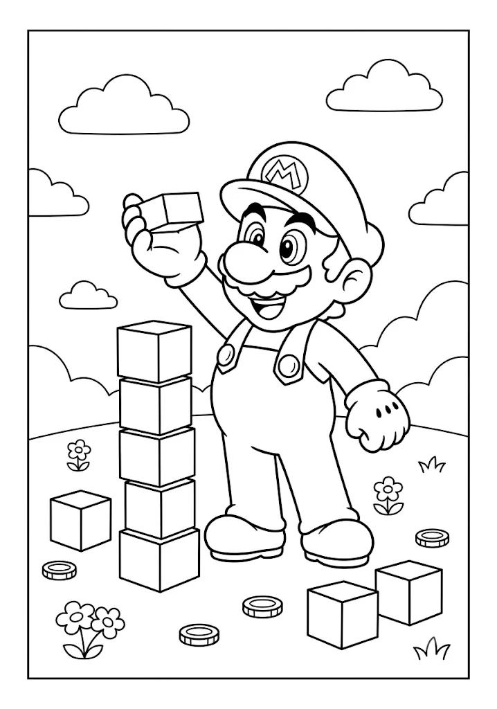 Mario stacking square blocks on top of each other in a field Mario Coloring Pages