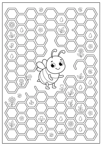 A cute bee standing inside a large honeycomb maze filled with flowers and honey drops Bee Coloring Pages