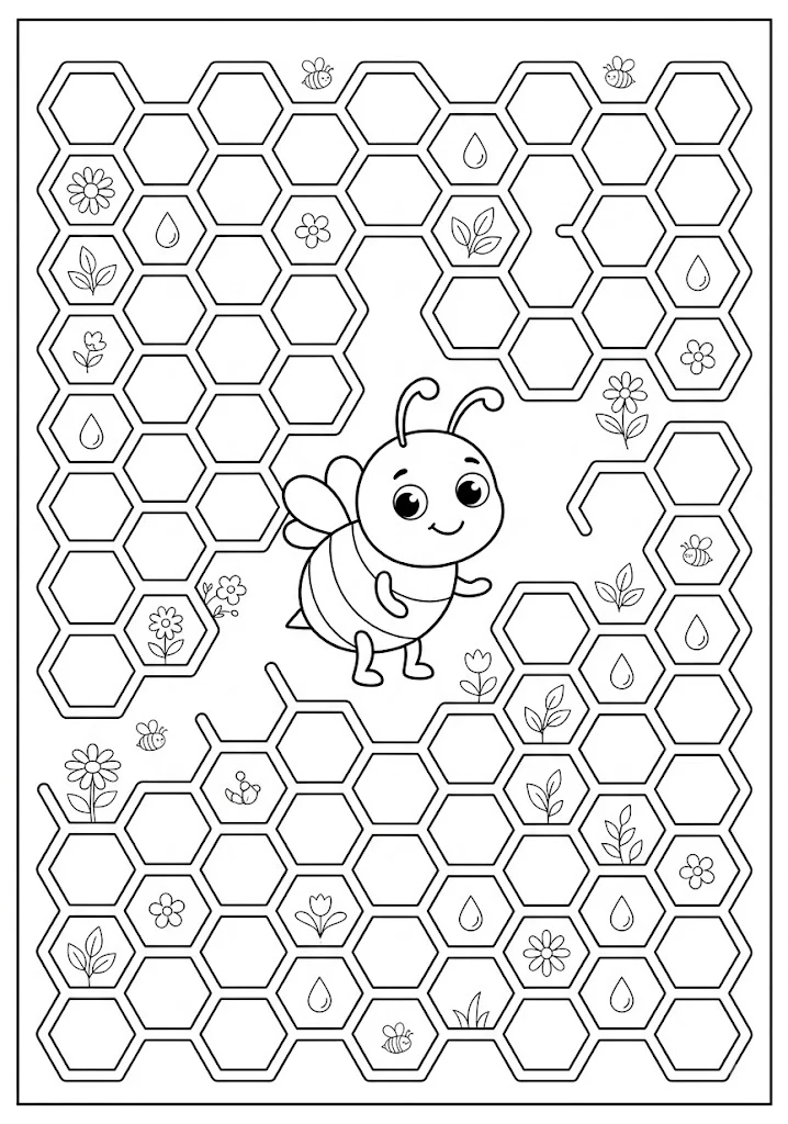 A cute bee standing inside a large honeycomb maze filled with flowers and honey drops Bee Coloring Pages