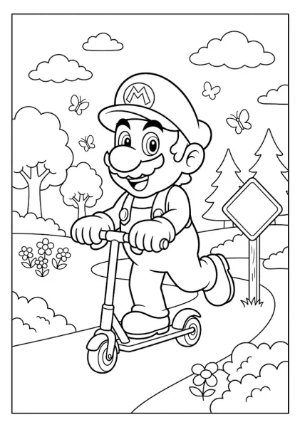 Mario riding a kick scooter on a winding path near trees and flowers Mario Coloring Pages