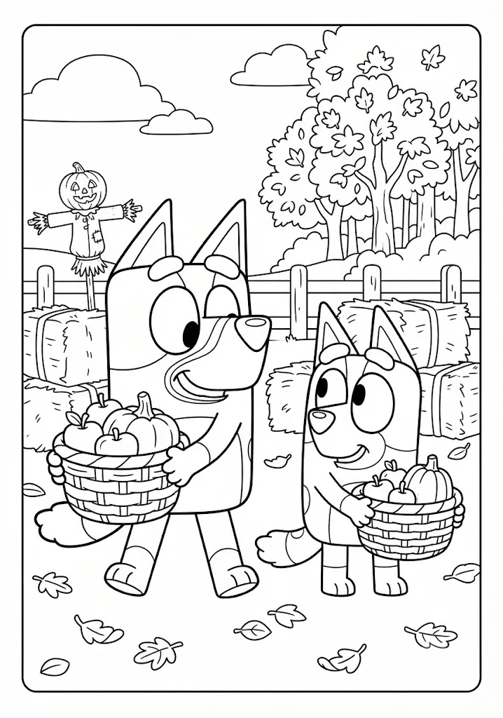Bluey and Bingo carrying woven baskets filled with apples and pumpkins near hay bales and a scarecrow