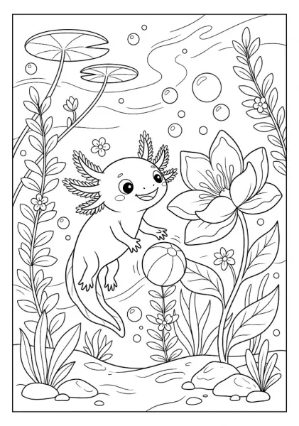 Cute axolotl playing underwater with a beach ball near big aquatic flowers Axolotl Coloring Pages