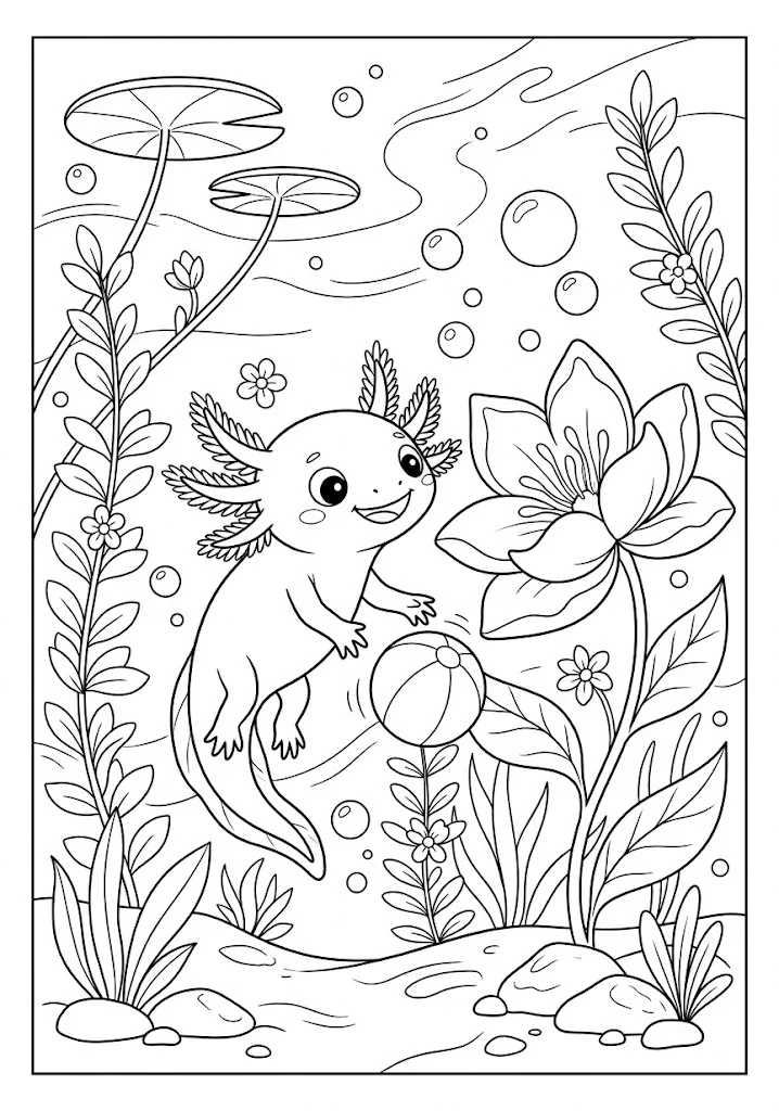 Cute axolotl playing underwater with a beach ball near big aquatic flowers Axolotl Coloring Pages