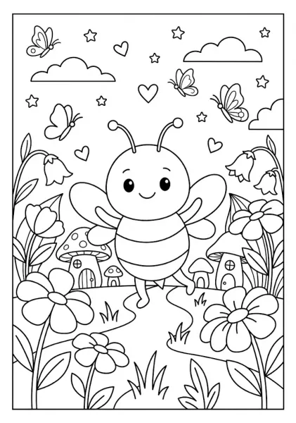 A cute bee standing on a path in a whimsical garden with mushroom houses and flying butterflies Bee Coloring Pages