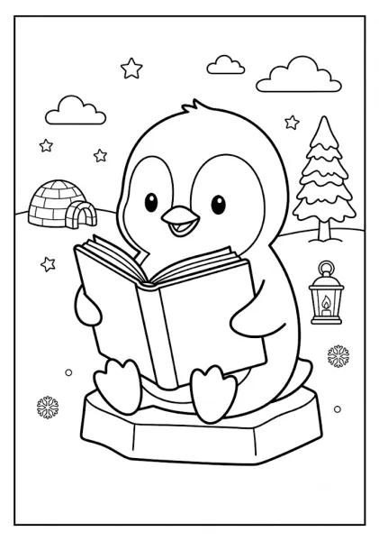 Cute penguin reading an open book outdoors on snow near an igloo a lantern pine trees and snowflakes Penguin Coloring Pages