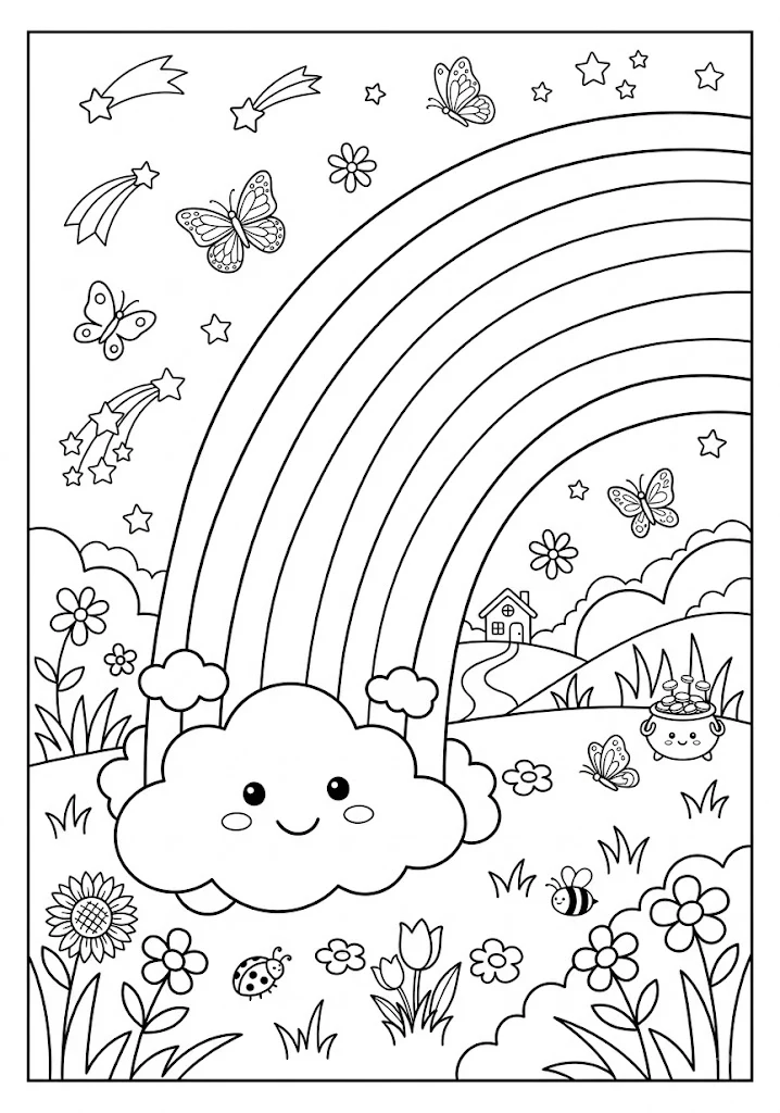 A magic rainbow rising from a cute cloud over a meadow with a pot of gold butterflies and a small house coloring page