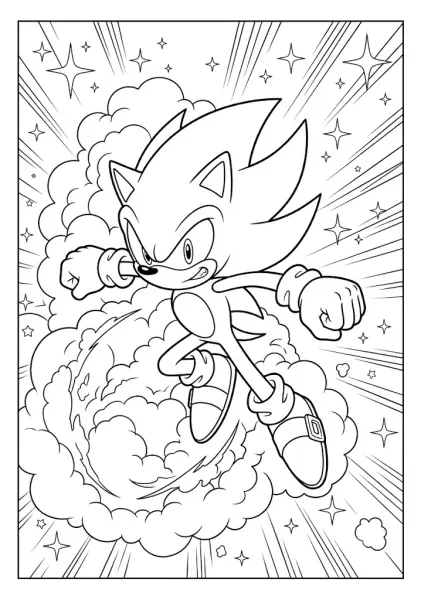 An action-packed coloring page of Super Sonic bursting through thick clouds with a fierce expression and stars