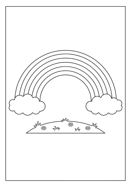 Minimalist line art coloring page of a classic rainbow with two clouds above a small grassy patch with flowers