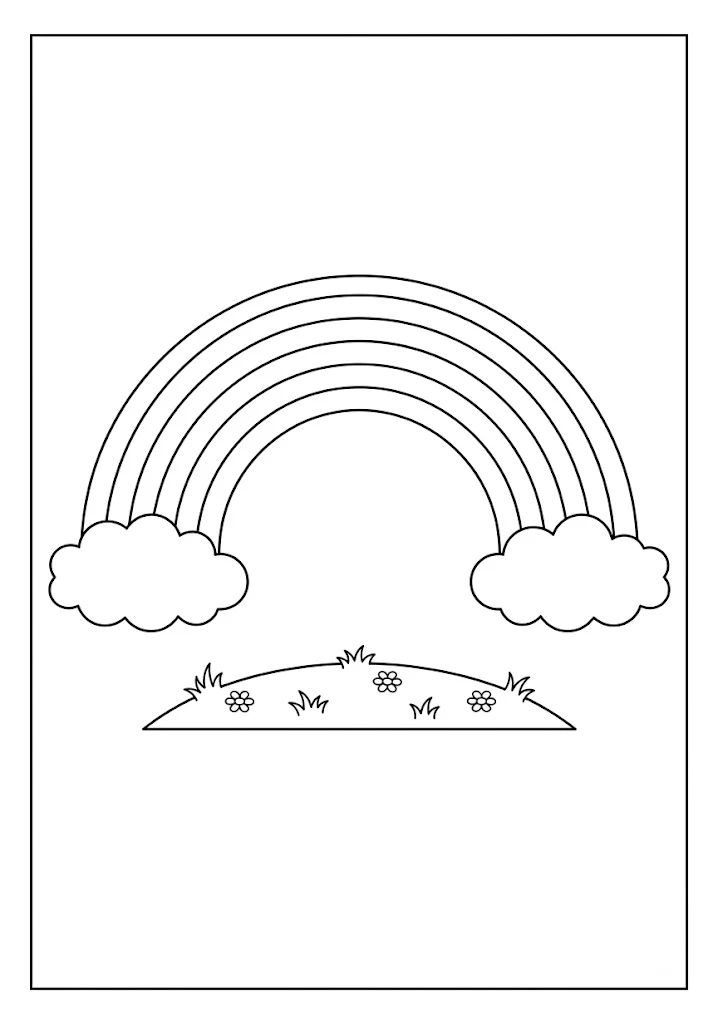 Minimalist line art coloring page of a classic rainbow with two clouds above a small grassy patch with flowers