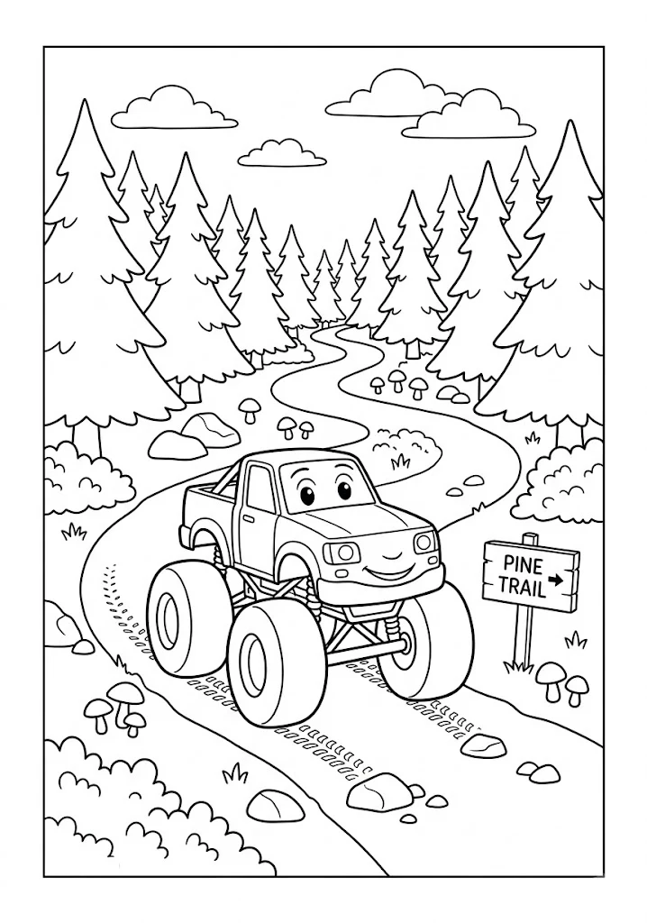 Monster truck driving along a winding dirt path in a pine tree forest with mushrooms Monster Truck Coloring