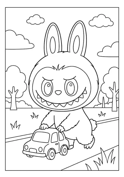 A fun monster character playing with a small toy car in our printable Labubu coloring pages
