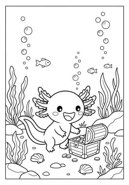 Cute axolotl discovering an open treasure chest filled with gold coins underwater Axolotl Coloring Pages