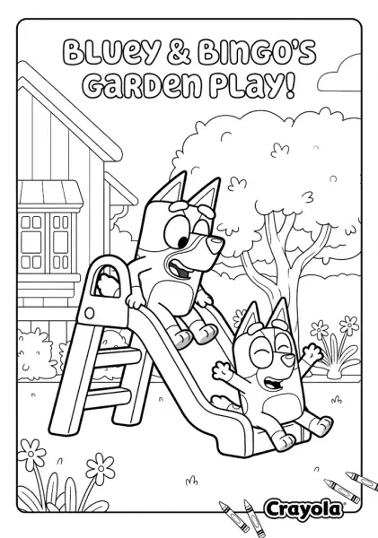 Bluey and Bingo having fun sliding down a playground slide in the garden on a Crayola brand children's coloring page