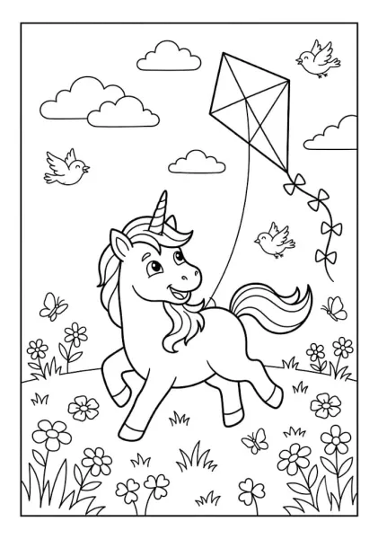 A cute unicorn flying a kite in a flower field with birds and clouds, ready for coloring.