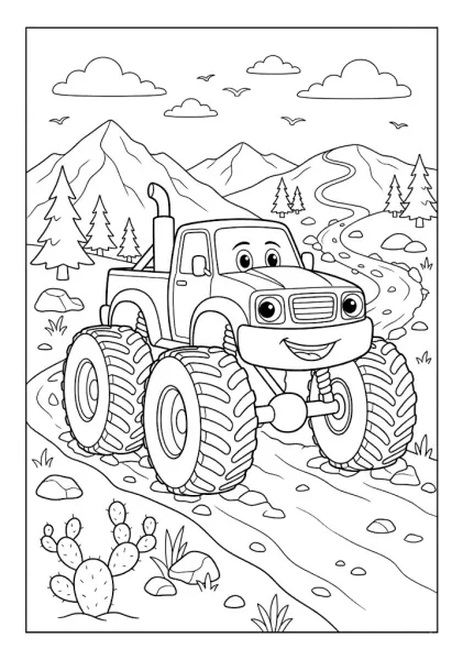 Monster truck driving on a mountain trail past cactuses and pine trees Monster Truck Coloring Pages