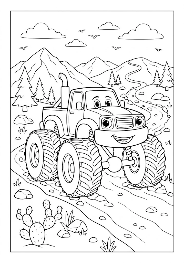 Monster truck driving on a mountain trail past cactuses and pine trees Monster Truck Coloring Pages