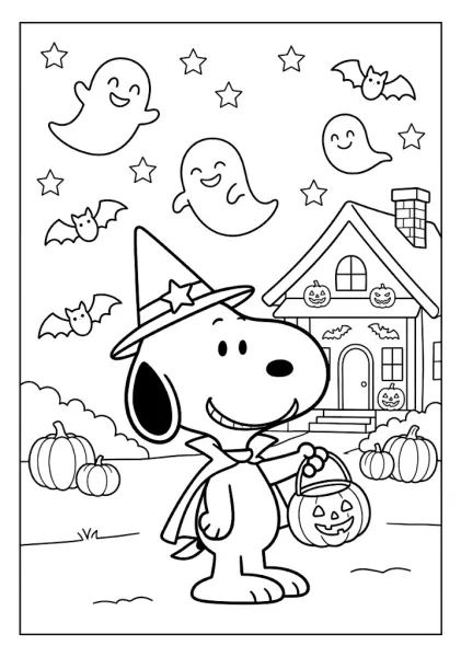 Snoopy dressed in a witch hat and cape holding a pumpkin bucket with ghosts and bats flying Snoopy Coloring Pages