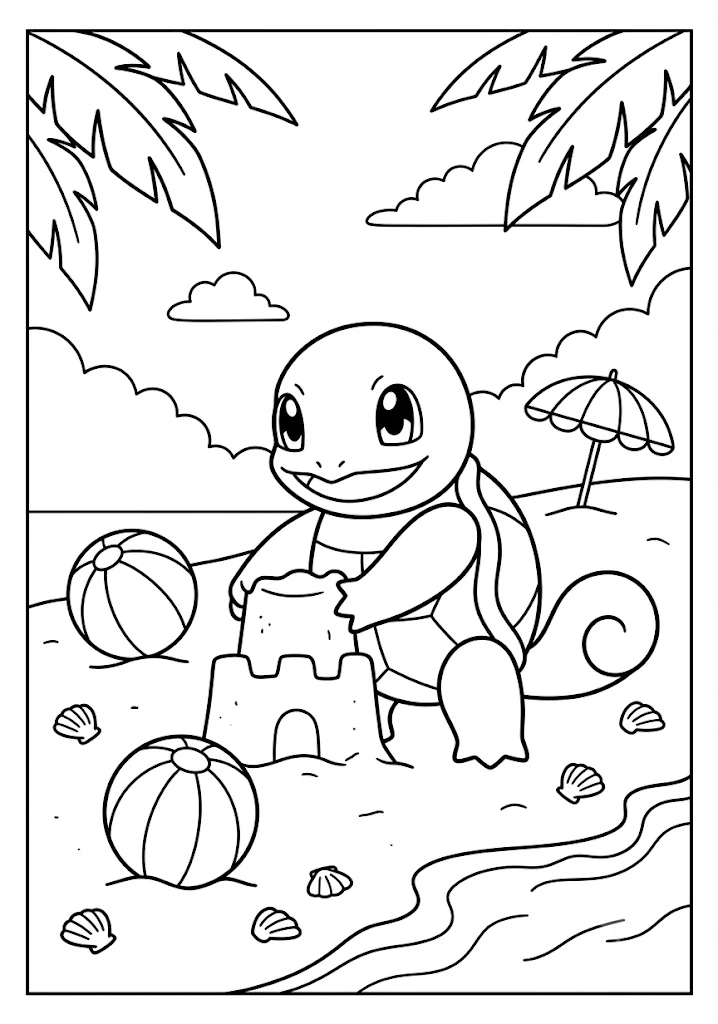 Cute Squirtle sitting on a sandy beach building a sandcastle with beach balls palm trees and seashells Pokemon Coloring Pages