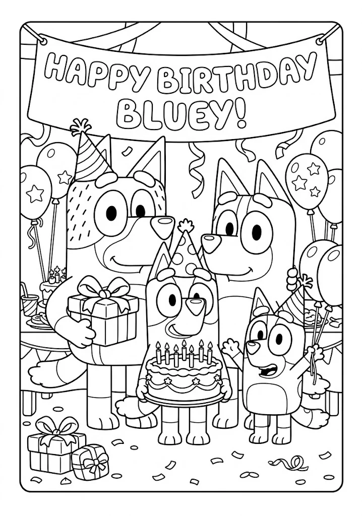 Bluey and her family celebrating a happy birthday with a cake balloons presents and party hats in this coloring pages