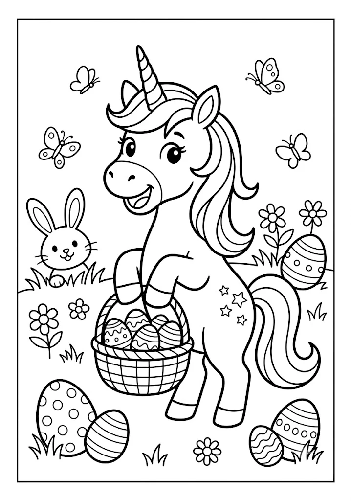Cute unicorn holding a basket of Easter eggs in a flower field with a bunny
