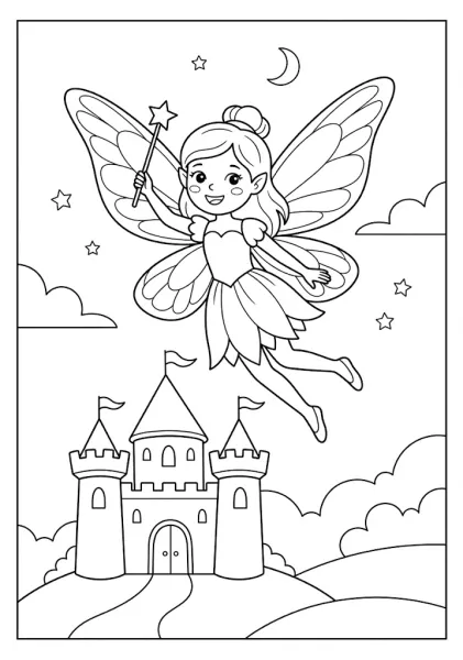 A cute fairy holding a magic wand flying in the night sky above a fairytale castle Fairy Coloring Pages