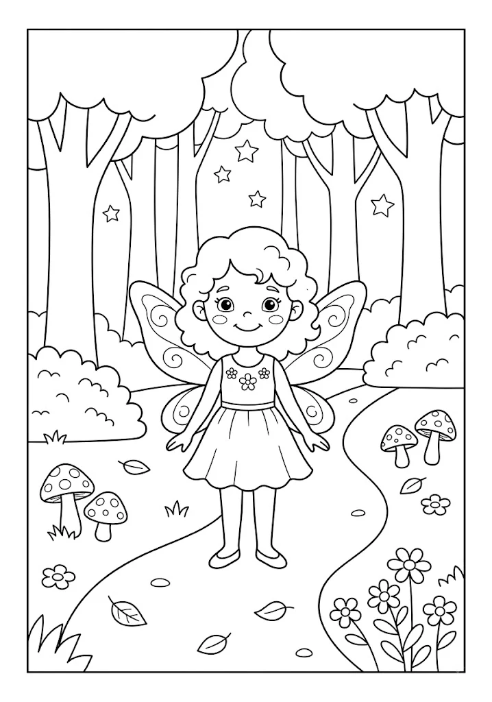 A cute fairy with curly hair standing along a winding dirt path in an enchanted forest with tall trees and mushrooms Fairy Coloring Pages