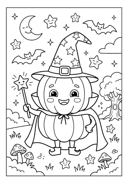 Cute pumpkin dressed as a wizard wearing a starry hat and cape holding a magic star wand under a night sky with moon stars and bats Pumpkin Coloring Pages