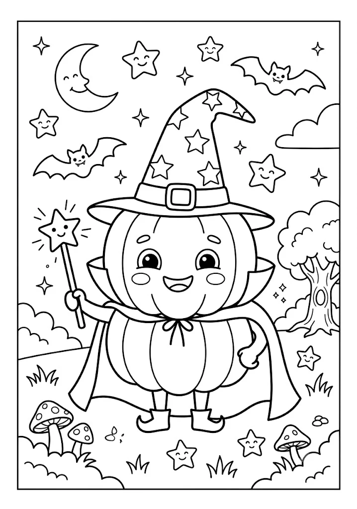 Cute pumpkin dressed as a wizard wearing a starry hat and cape holding a magic star wand under a night sky with moon stars and bats Pumpkin Coloring Pages