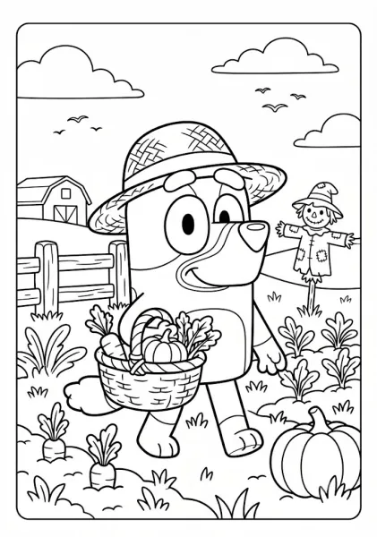 Bluey dressed as a farmer in a straw hat holding a basket of fresh vegetables near a pumpkin patch and scarecrow