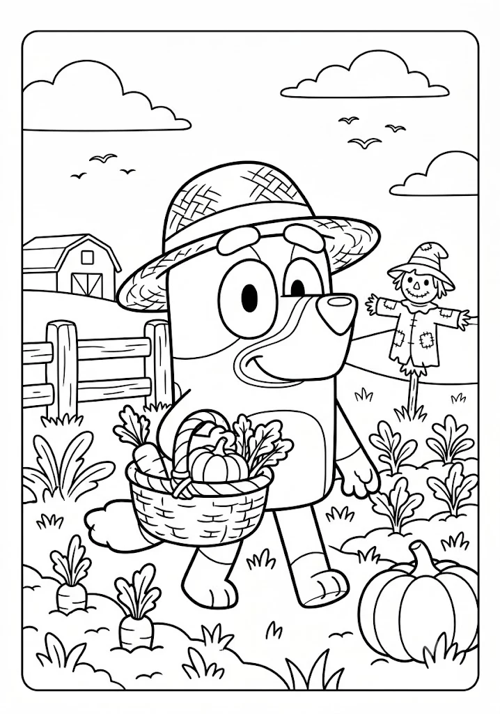 Bluey dressed as a farmer in a straw hat holding a basket of fresh vegetables near a pumpkin patch and scarecrow