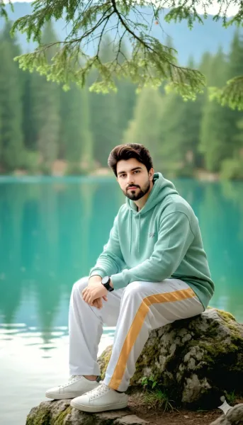 Serene Teal Mountain Lake Portrait Photo Edit Prompt