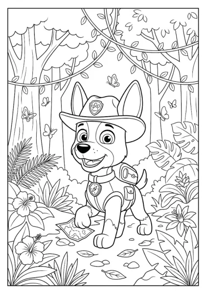 Tracker wearing a hat walking through a thick jungle with butterflies and tropical flowers