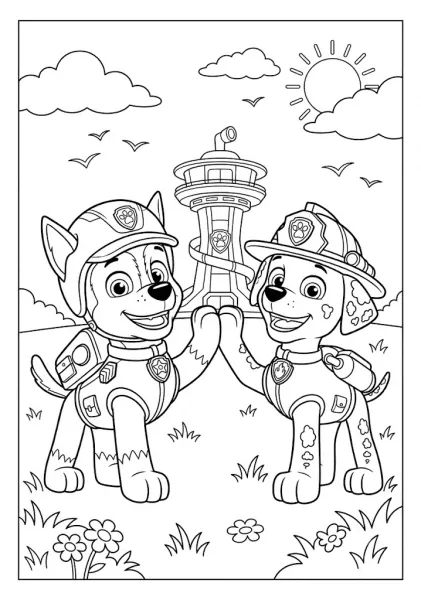 Line art of Chase and Marshall giving each other a happy high five with the tower behind them