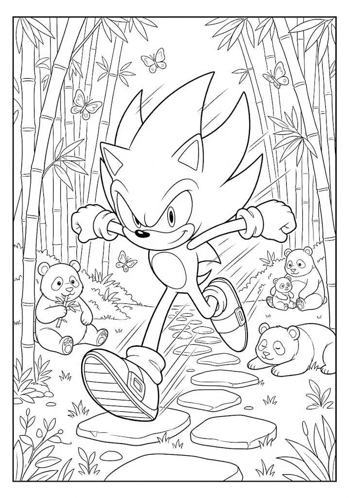 A delightful coloring page of Sonic running along a stone path through a bamboo forest with cute panda bears