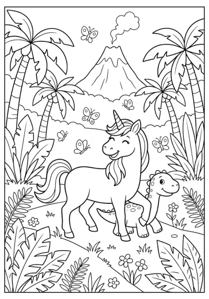 Black and white outline of a cute unicorn and a small dinosaur in a prehistoric jungle with a volcano