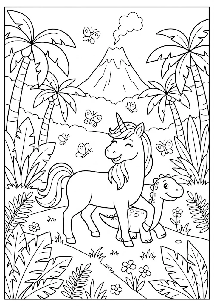 Black and white outline of a cute unicorn and a small dinosaur in a prehistoric jungle with a volcano
