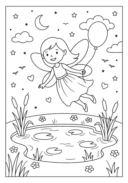 A cute fairy holding a balloon while flying over a pond with lily pads, reeds, and a starry night sky Fairy Coloring Pages
