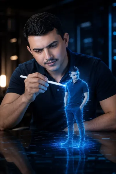 Advanced Sci-Fi Man Interacting with Personal Hologram