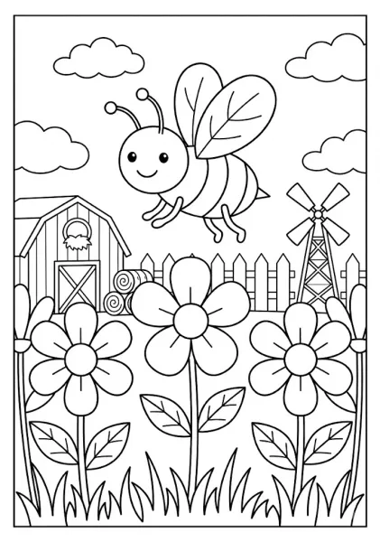 A cute bee flying over a farm field with big flowers, a red barn, a wooden fence, and a windmill Bee Coloring Pages