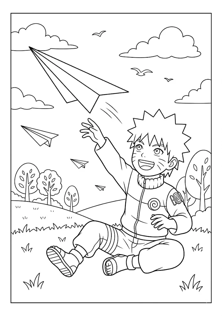 Cute chibi Naruto sitting on grass flying paper airplanes outdoors coloring page