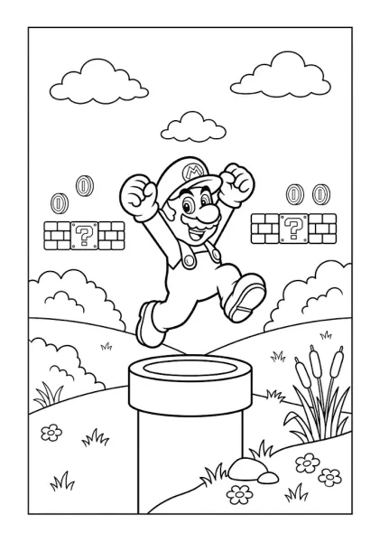 Mario jumping out of a green pipe in a classic video game level with question blocks Mario Coloring Pages