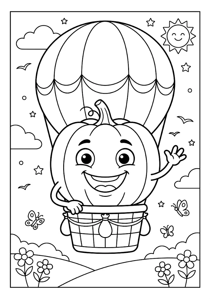 Cute pumpkin waving from a hot air balloon floating above a field of flowers surrounded by butterflies, stars, and clouds Pumpkin Coloring Pages