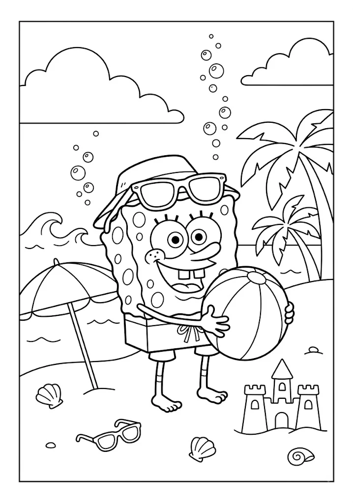 SpongeBob SquarePants wearing a sun hat holding a beach ball on a sunny beach with a sandcastle and palm trees SpongeBob Coloring Pages